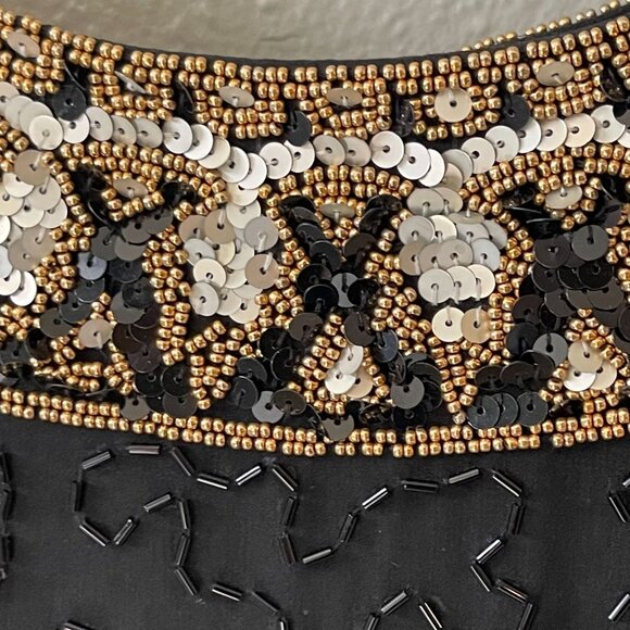 Vintage A.J. Bari Black 100% Silk Beaded Cocktail Dress W/ Gold Sequins Sz 6 - Picture 4 of 11